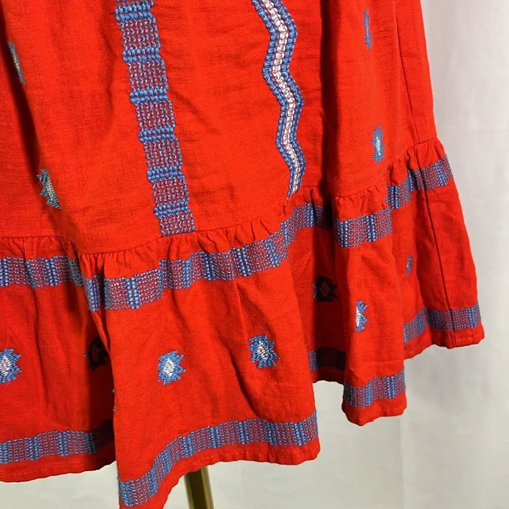 LOFT Red & Blue Embroidered Southwestern Print Ruffle Hem Linen Mini Skirt